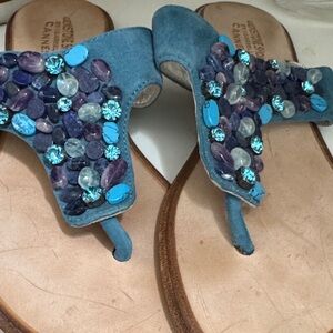 Blue/teal suede sandals with studded/jeweled detail
